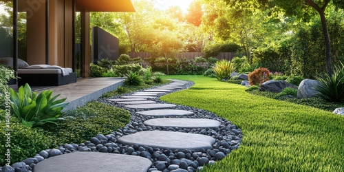 Fototapeta Naklejka Na Ścianę i Meble -  Beautiful garden pathway with stones leading to a modern house at sunset