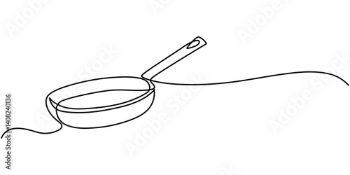 Frying Pan Continuous Line Icon, fry pan continuous one line drawing, continuous line art drawing sunny side up illustration vector, Plate, spoon, fork and knife single line drawing.