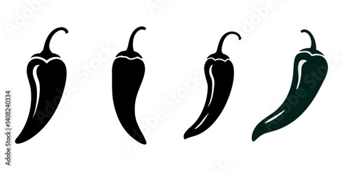 Spicy chili peppers silhouettes icon set, black and white chili silhouette vector on white background, Set of hot chili silhouette peppers.                                                             