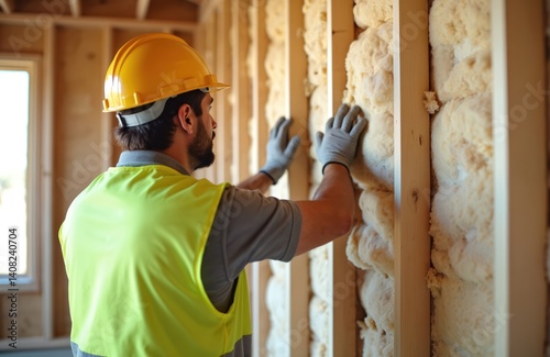 Construction worker installs insulation in new home during daylight hours. Man wearing hard hat yellow vest, working with gloves, applying foam for energy efficiency. Builder job, home improvement,