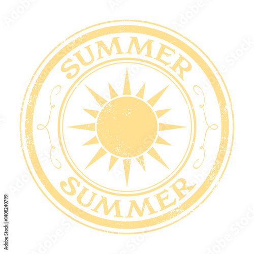 A grunge circle stamp with sun and summer text
