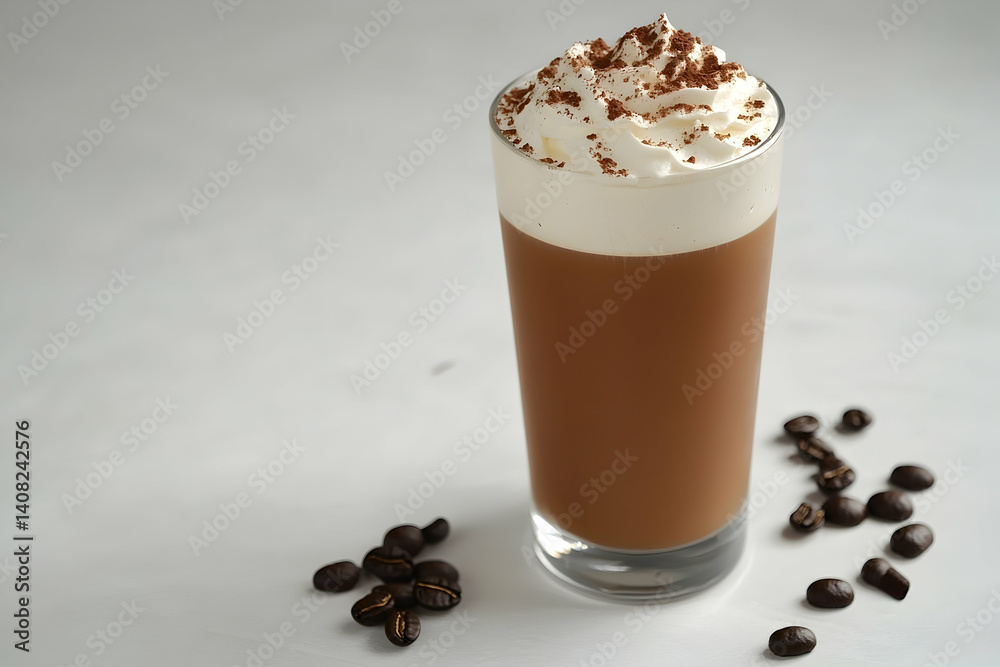 Creamy, mocha-topped iced coffee beverage in a glass.