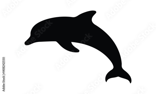 Black vector silhouettes illustrate a set of dolphins, wild animals of the sea