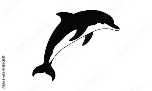 Black vector silhouettes illustrate a set of dolphins, wild animals of the sea