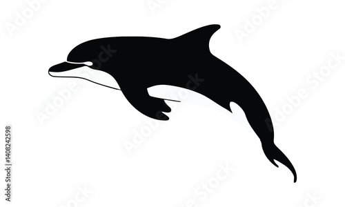 Black vector silhouettes illustrate a set of dolphins, wild animals of the sea