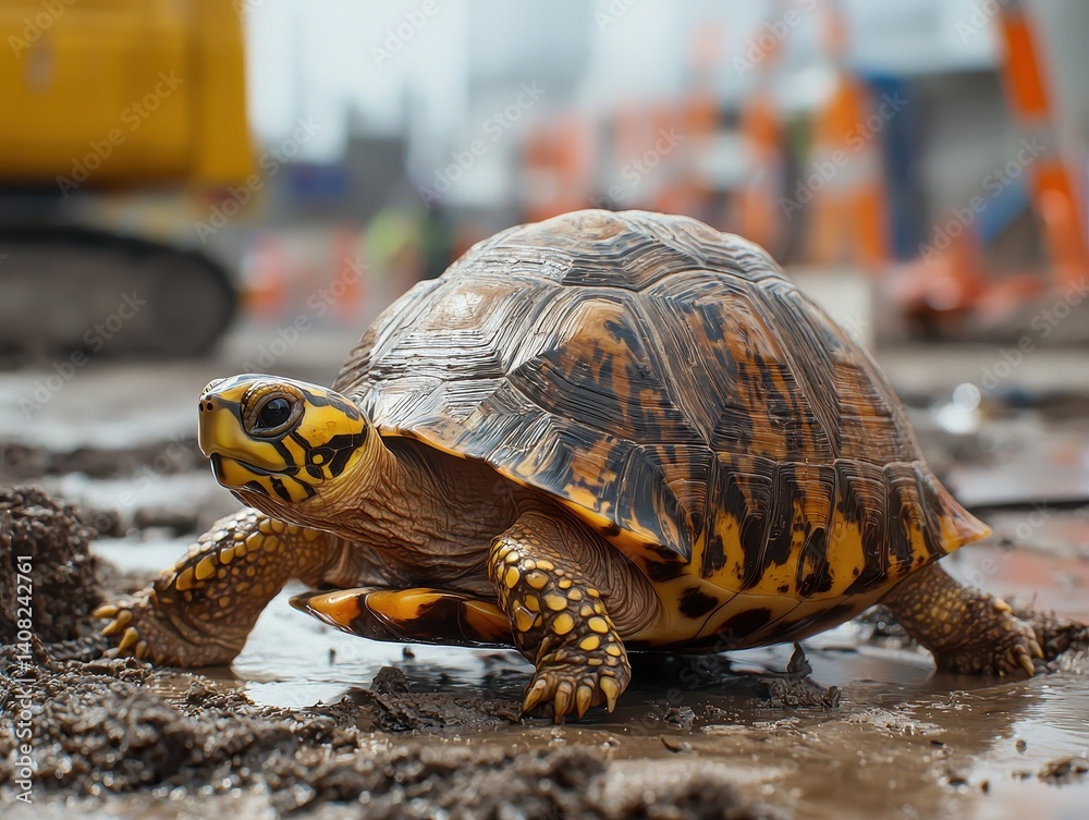 Obraz premium Resilient turtle trudges through muddy terrain, an unlikely explorer amidst the urban development. Nature's slow and steady pace.