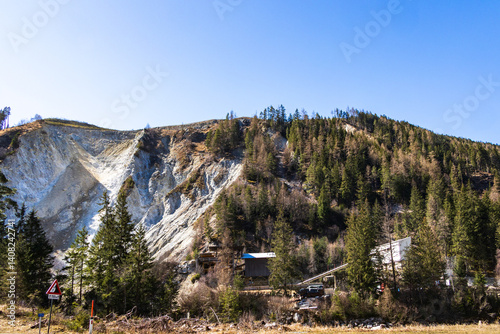 Obraz na płótnie Landslide area and quarry infrastructure, Ötztal, Austria, 20 March 2025.. w salonie