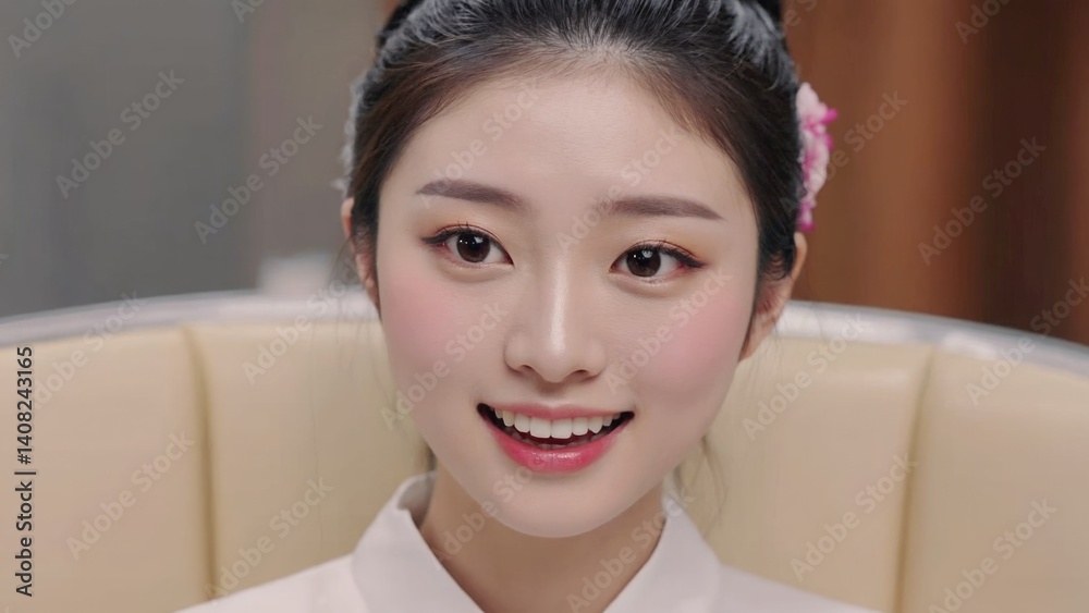 Young Korean pop star with a radiant smile, showcasing her beauty and cheerful demeanor.
