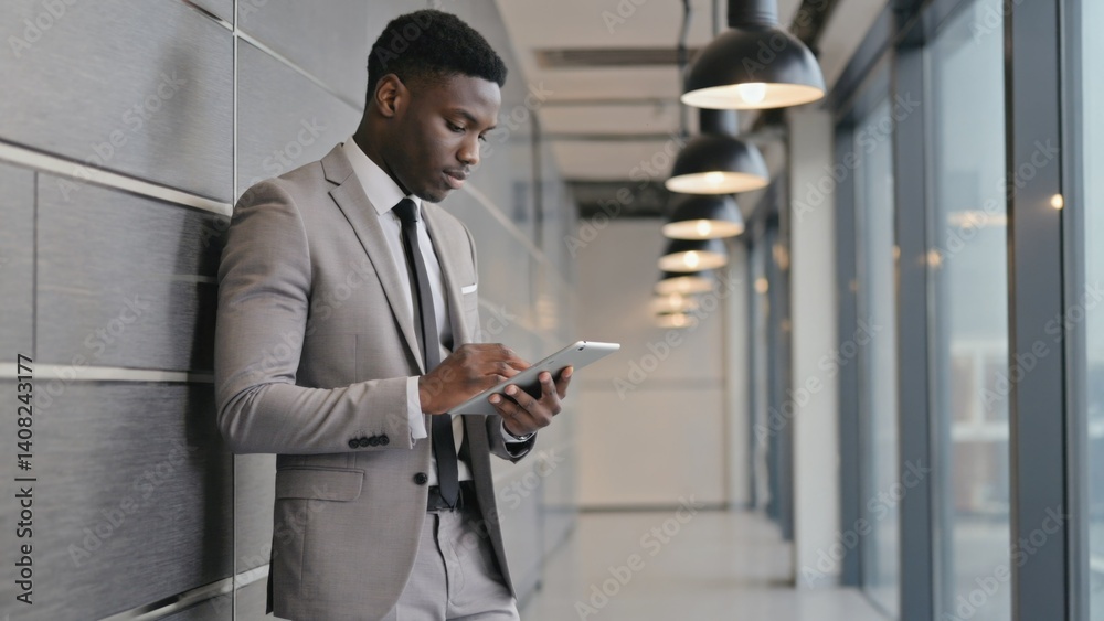 Businessman in suit checking his smartphone at the office.