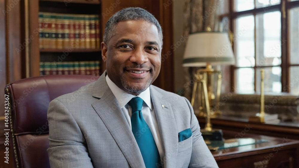 Portrait of a man in suit and tie, sitting at desk, exuding confidence. He is in an office setting with books in background.