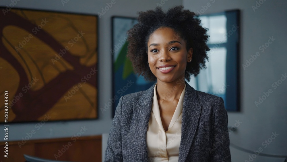 African American businesswoman in modern office environment, expressing confidence and positivity.
