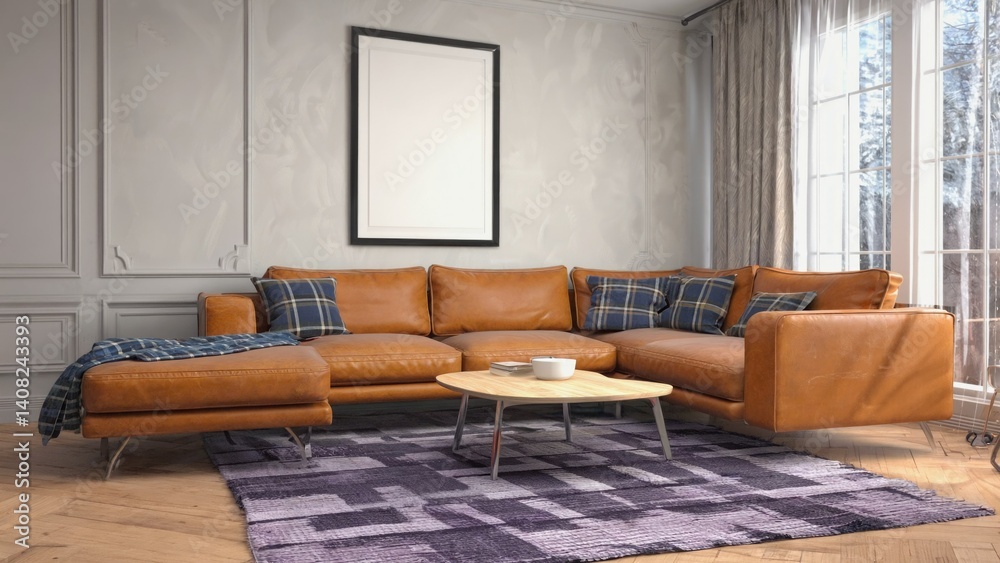 Leather couch, coffee table, rug on wooden floor, wall art.