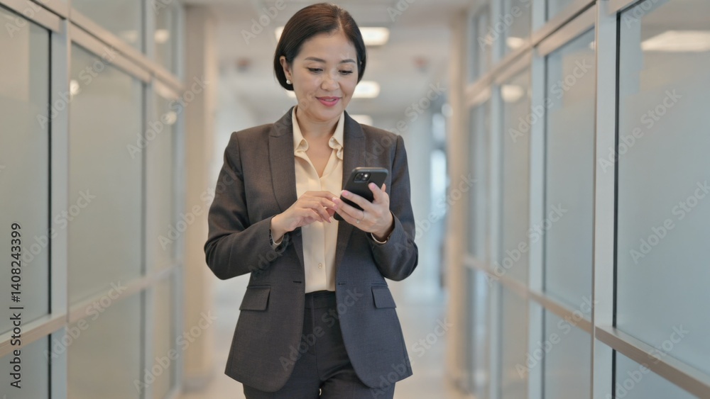Professional woman focused on her smartphone, working or communicating during a break from office meetings.