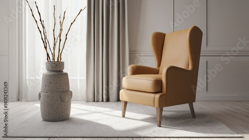 Obraz na płótnie Comfortable seating with plush upholstery and textured design, set in a contemporary living room bathed in sunlight. w salonie