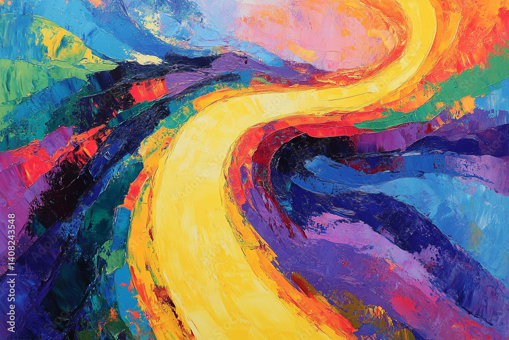 Fototapeta premium A vibrant yellow path winding through a colorful landscape of expressive brushstrokes, evoking a feeling of joyful journey and vibrant energy.