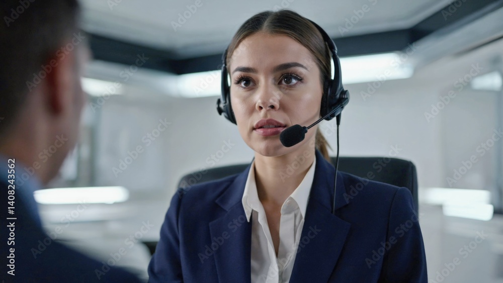 A woman wearing a headset in an office setting, possibly working at a call center or providing professional customer support.