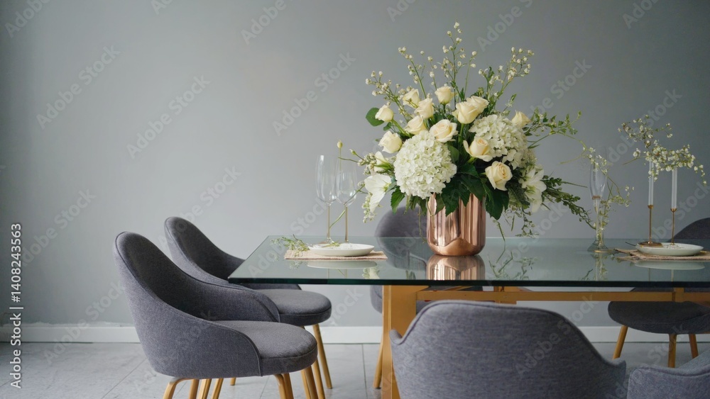 Chic dining space with minimalist decor and elegant floral centerpiece.