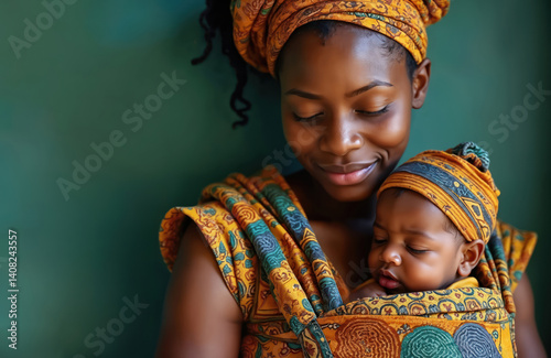 Young black woman holds newborn baby in arms. Mother wears colorful headwrap, carrying child in sling. Portrait captures motherly love, caring relationship, safe embrace. Child sleeps peacefully.