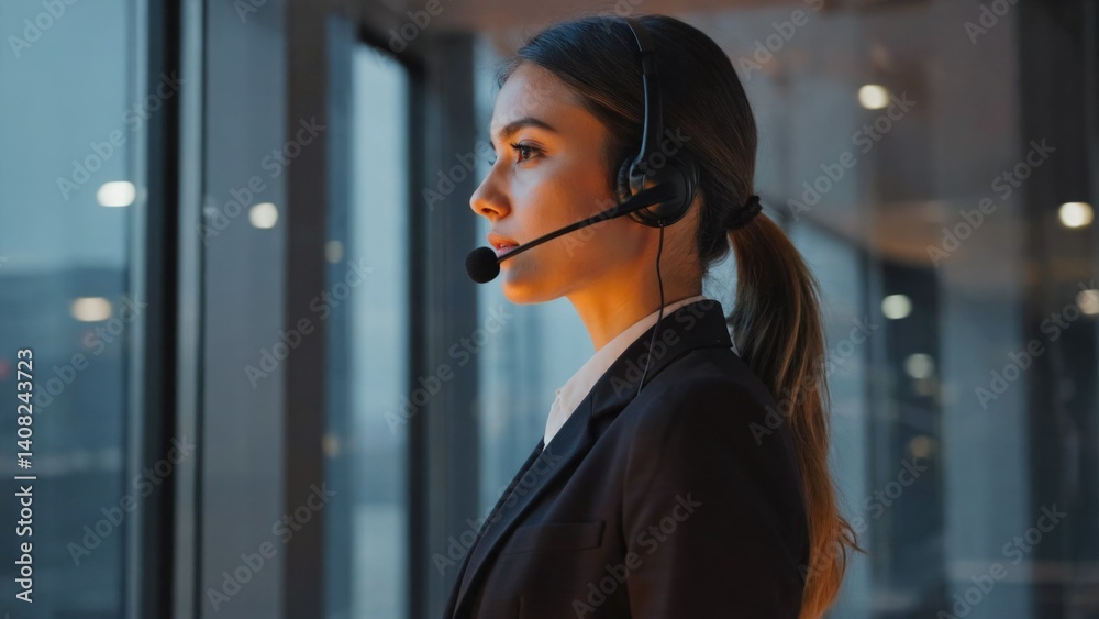 A modern, professional woman in a business suit using a headset at a desk for work.