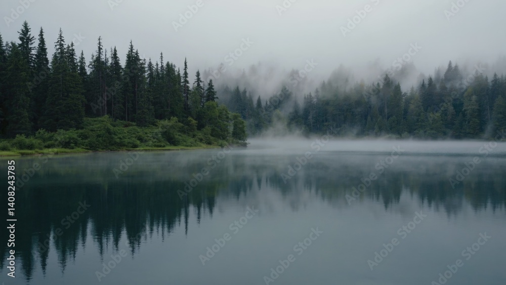 Calm lake surrounded by trees and fog in the early morning.