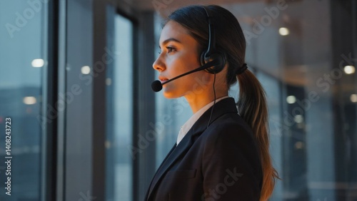 Obraz na płótnie A modern, professional woman in a business suit using a headset at a desk for work. w salonie