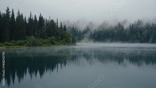 Obraz na płótnie Calm lake surrounded by trees and fog in the early morning. w salonie