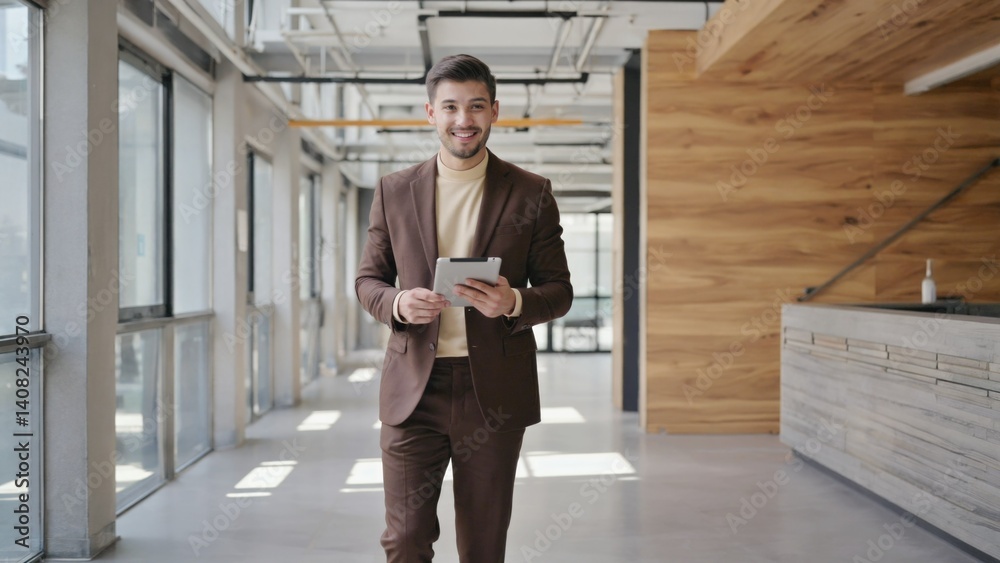 A confident young male in a business suit walking through an office with a tablet and coffee.
