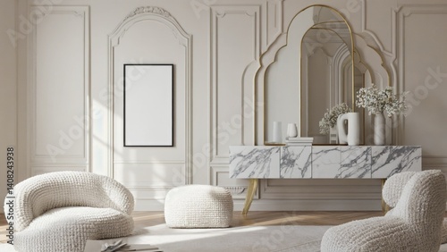 This is a modern and luxurious living room interior. It features marble tables, chairs, and a sofa set against a light wood floor. The decor includes abstract art pieces.