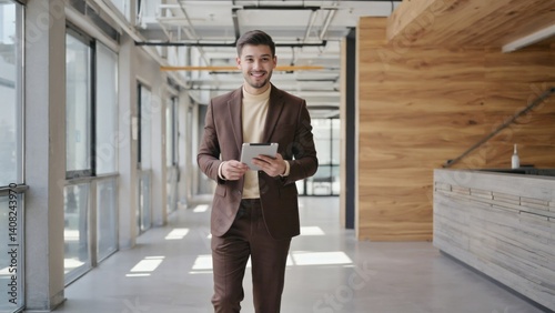 Obraz na płótnie A confident young male in a business suit walking through an office with a tablet and coffee. w salonie