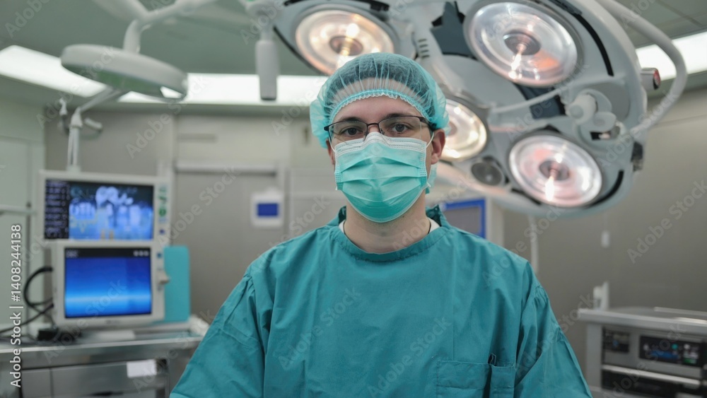 A doctor wearing scrubs and a face mask in an operation room during surgery.