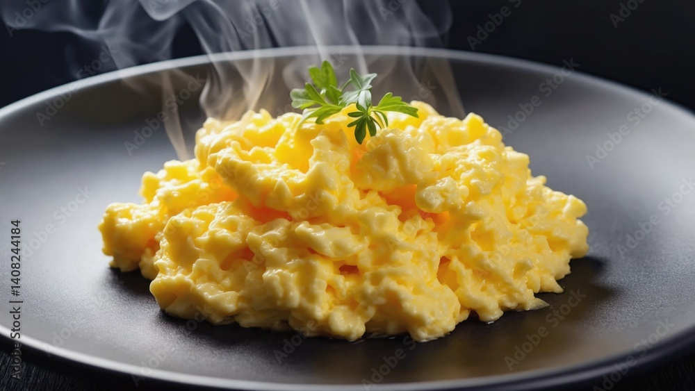 Fluffy yellow eggs with herbs and butter on a dark plate