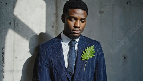 A man dressed in a suit and tie looking down at a green leaf in his lapel, possibly symbolizing growth or new beginnings.