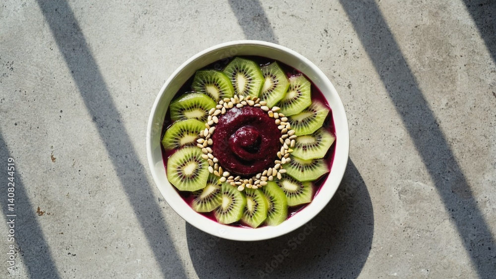 A freshly made fruit bowl with vibrant colors and healthy ingredients. A blend of berries and kiwis create this wholesome dessert.