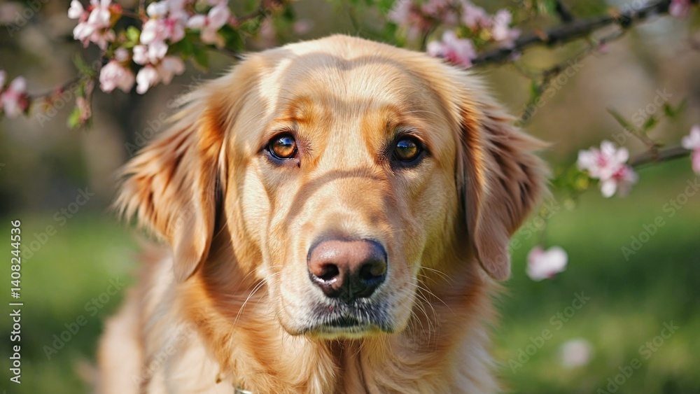 A cute golden retriever puppy looking at the camera with a gentle gaze. Set against a backdrop of pink blossoms, this image captures the serene beauty of springtime.