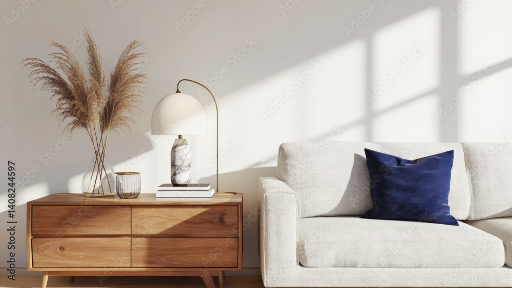 Modern living room with minimalistic design and sunlit ambiance.