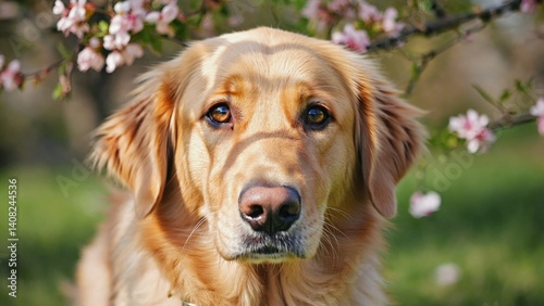 Obraz na płótnie A cute golden retriever puppy looking at the camera with a gentle gaze. Set against a backdrop of pink blossoms, this image captures the serene beauty of springtime. w salonie