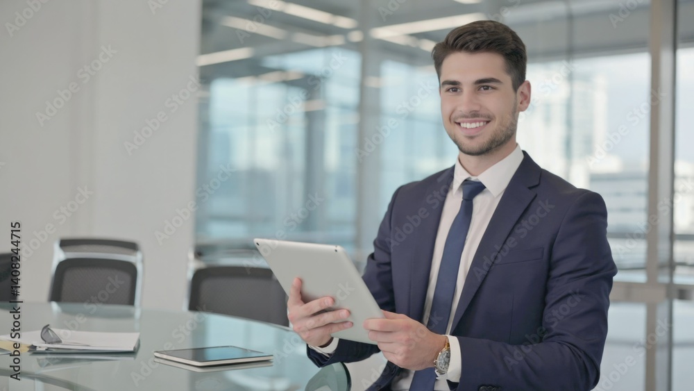 Young man in suit holding tablet computer, looking professional and confident in office setting.