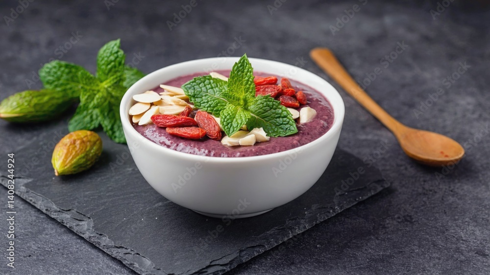A bowl of nutritious yogurt parfait with berries and nuts, topped with a sprig of mint. Perfect for a healthy breakfast or dessert.