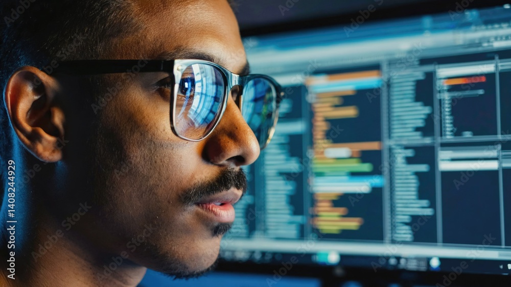 A man wearing glasses is intently working on a computer. He appears to be focused on data analytics or other similar work that requires deep concentration.