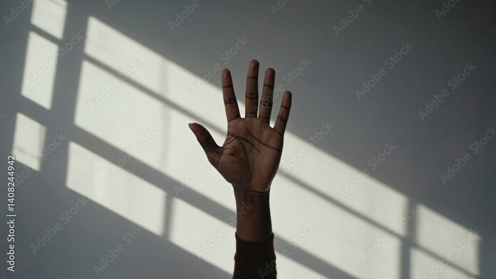 An uplifted hand in a sunlit room, with fingers extending towards the light. Conveys a sense of hope or reaching for something.