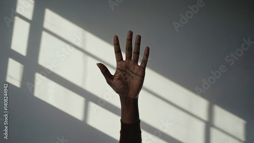 Obraz na płótnie An uplifted hand in a sunlit room, with fingers extending towards the light. Conveys a sense of hope or reaching for something. w salonie