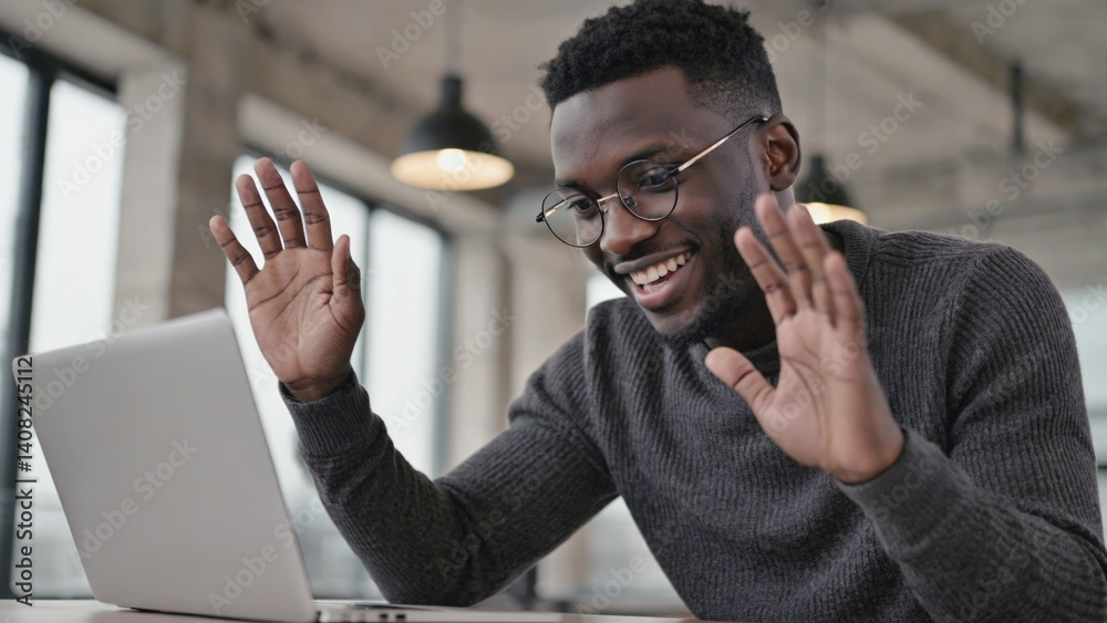 Man celebrating with hands raised above laptop computer in office environment.