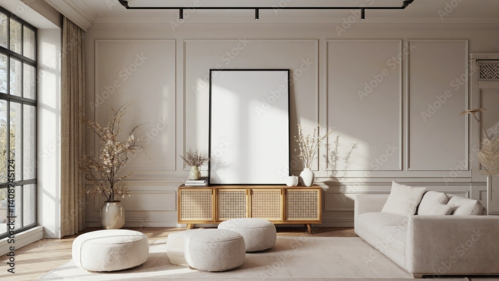 Sleek and clean design with white walls, natural light from windows, neutral colors, minimal furniture and artistic elements.