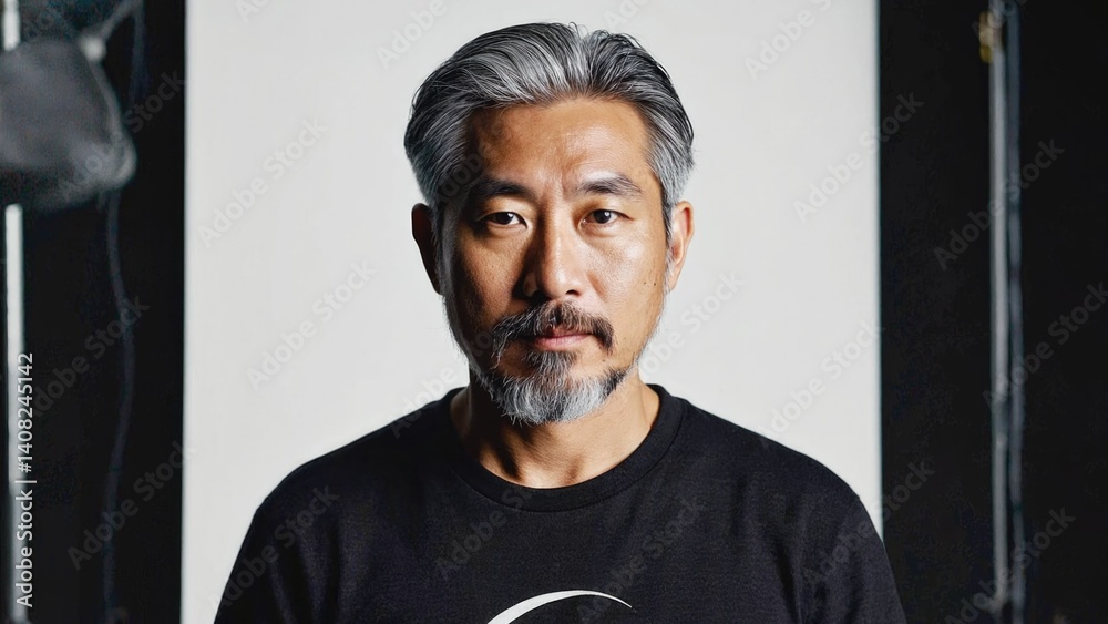 Middle-aged man with gray hair and beard, posing for a portrait in front of lighting equipment.