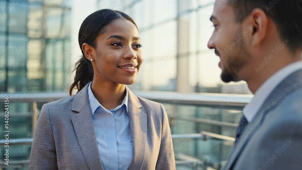 Friendly office meeting between colleagues with bright smiles, wearing formal suits, suggesting collaboration or job satisfaction.