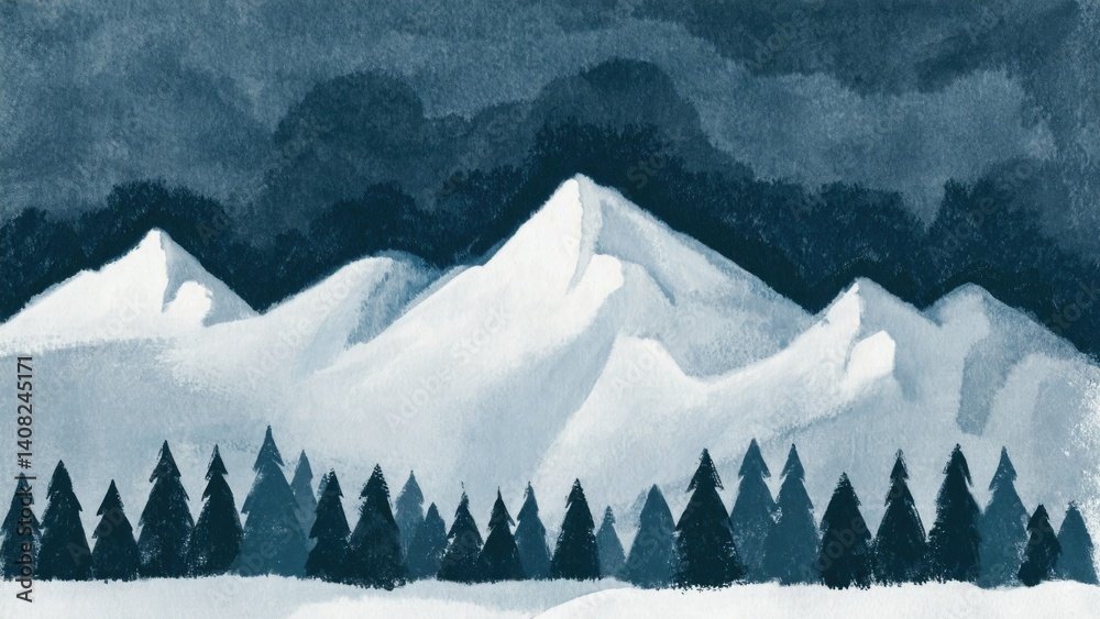 A scenic winter landscape featuring towering snow-capped mountains and an evergreen forest at the base.