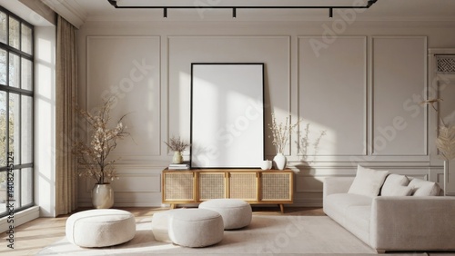 Obraz na płótnie Sleek and clean design with white walls, natural light from windows, neutral colors, minimal furniture and artistic elements. w salonie