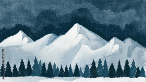 Obraz na płótnie A scenic winter landscape featuring towering snow-capped mountains and an evergreen forest at the base. w salonie