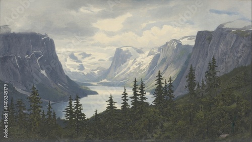 A breathtaking view of a lush green valley with a serene river, bordered by majestic evergreen trees and a towering mountain range under a cloudy sky.