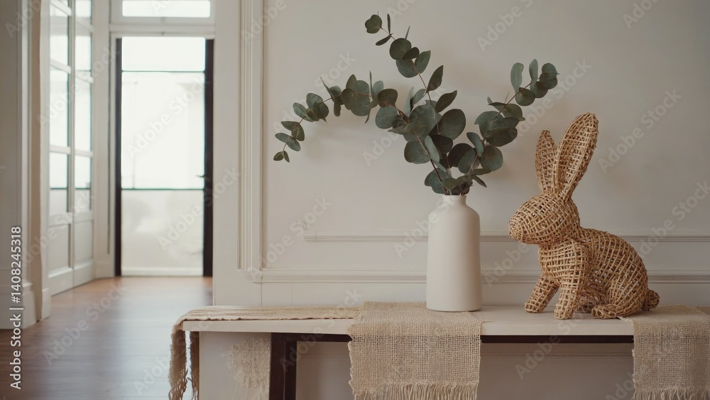 Eco-friendly home decor with a modern minimalist design featuring a wooden bunny decoration and indoor plants in natural containers.